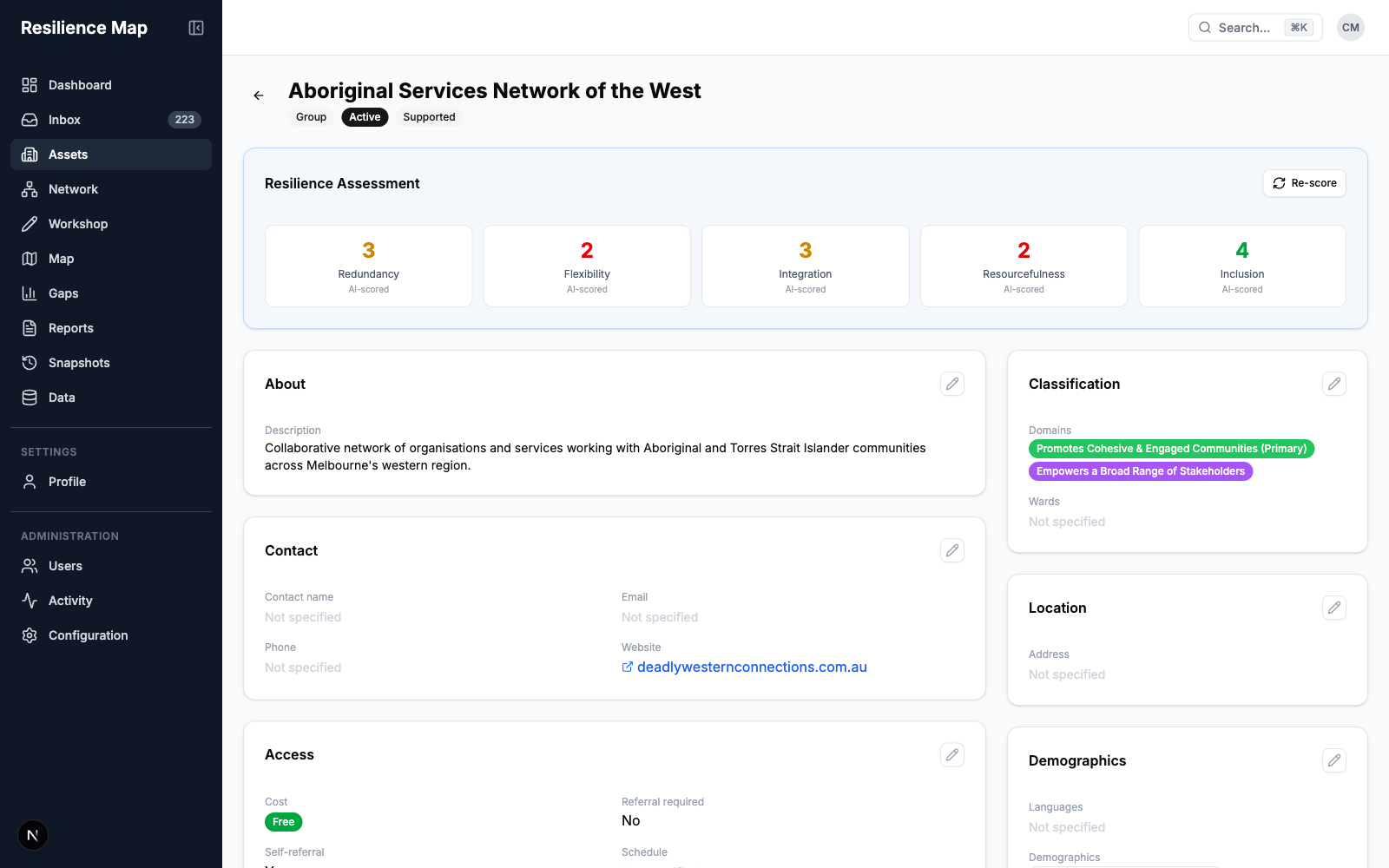 Screenshot of an asset's detail page with five-dimension resilience scoring